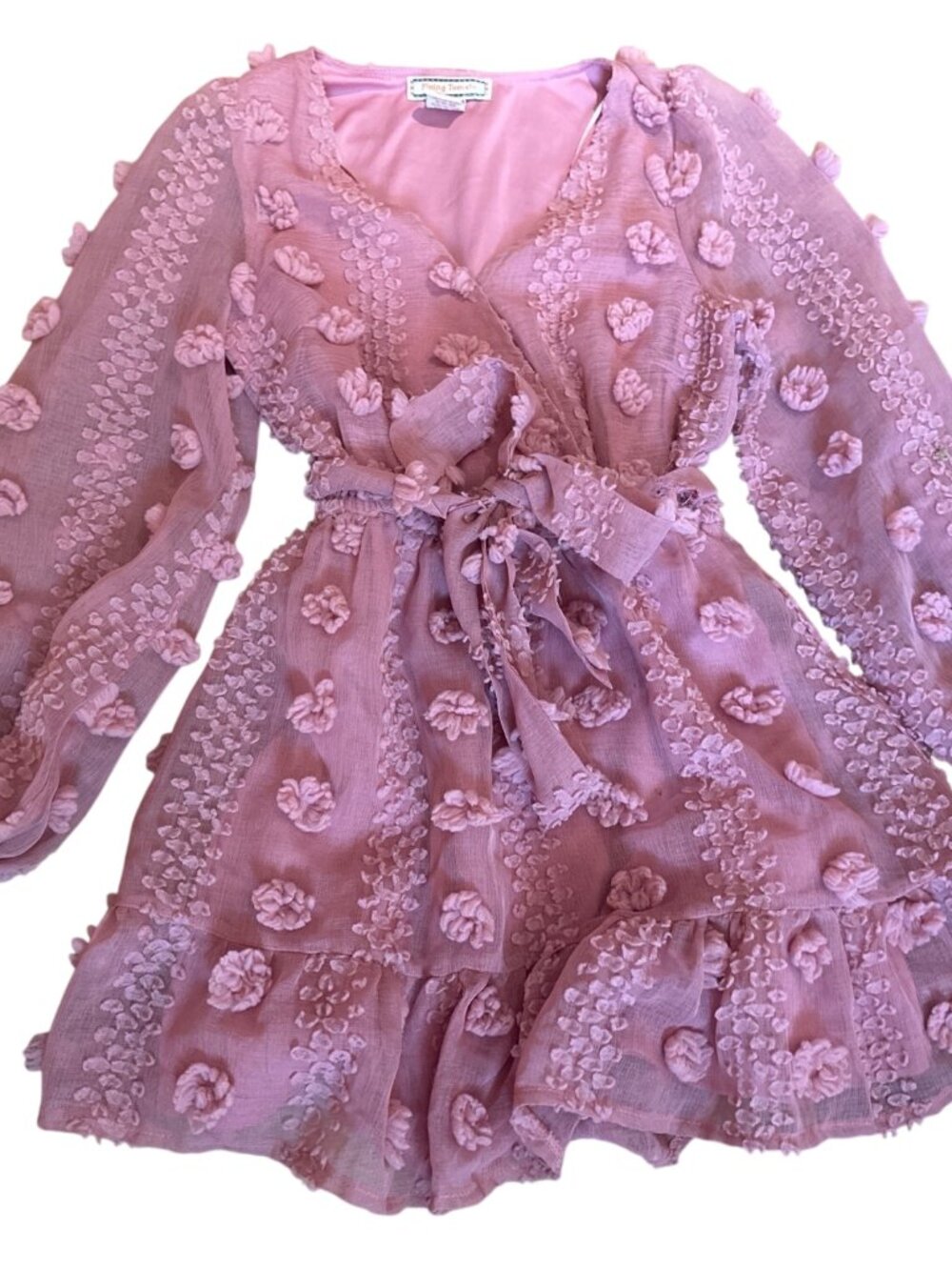 Flying Tomato Dress S Pink Long Sleeve Textured Floral Mini Belted Coquette